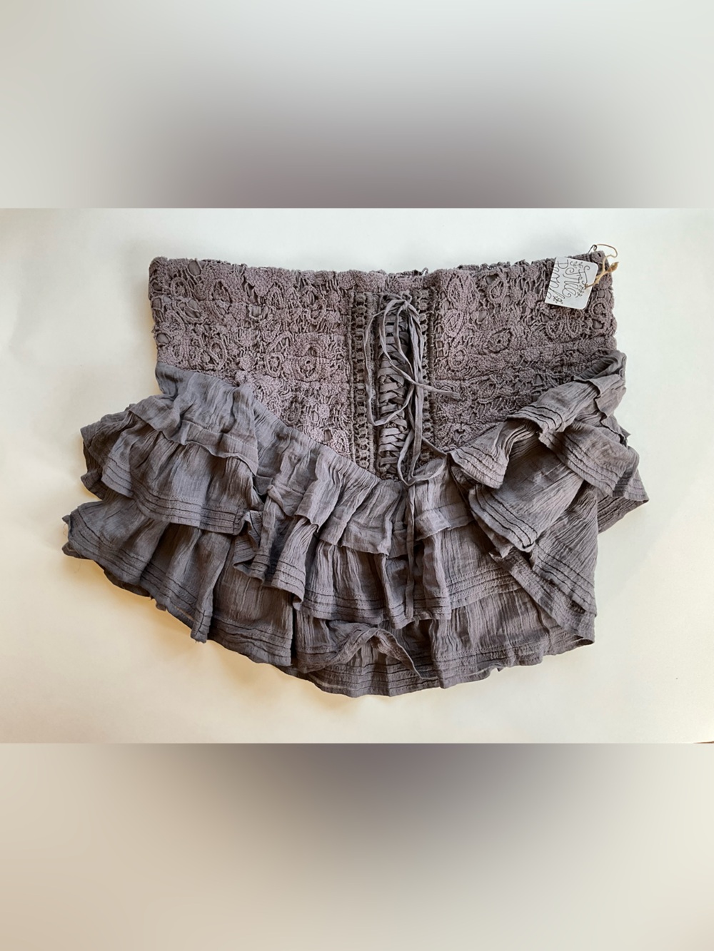 Deadstock VINTAGE FP One Baroque Ruffled Mini w/Crochet Waistband in Purple-Gray